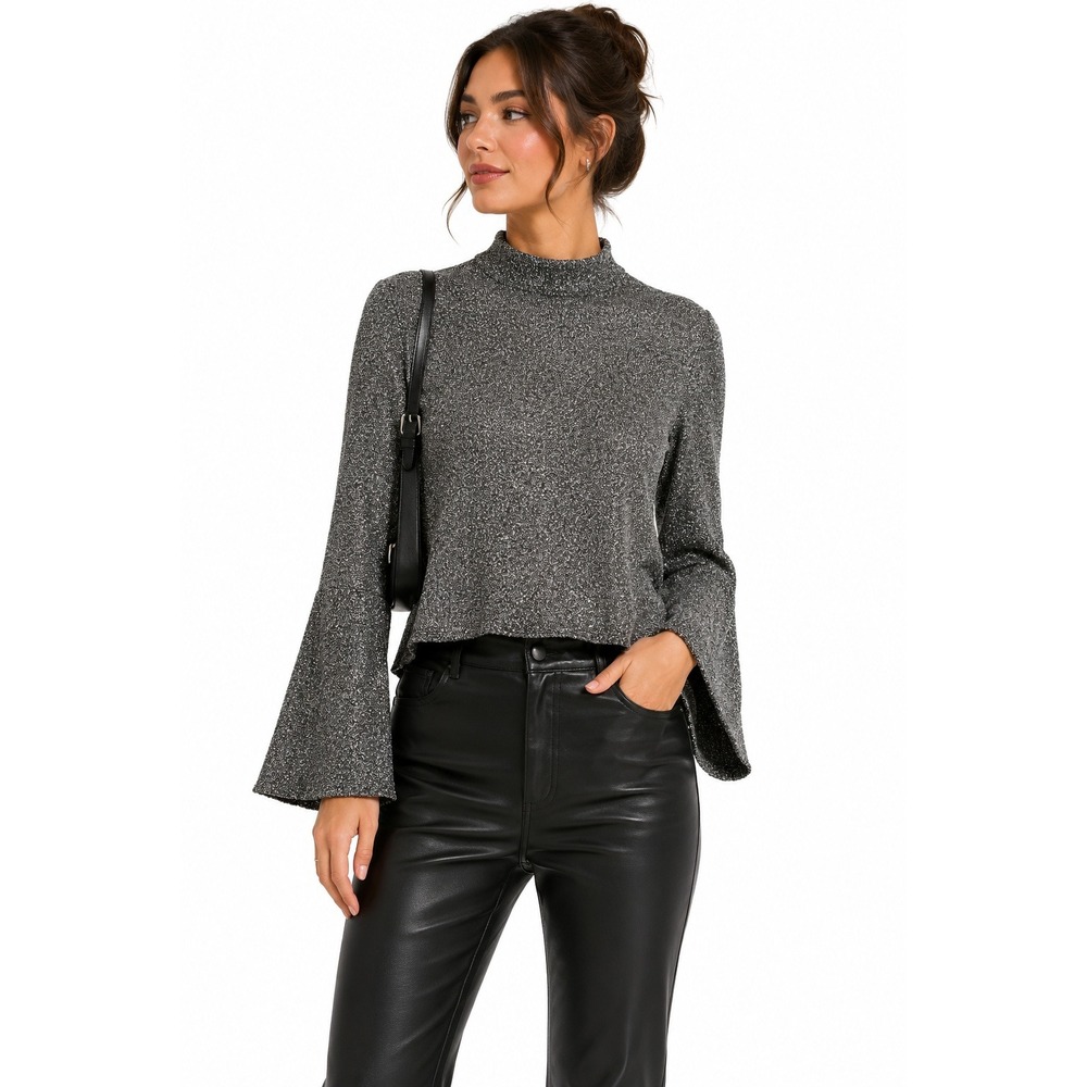 Metallic Mock Neck Bell Sleeve Top Small Silver Black Shimmer Disco Y2K Glam